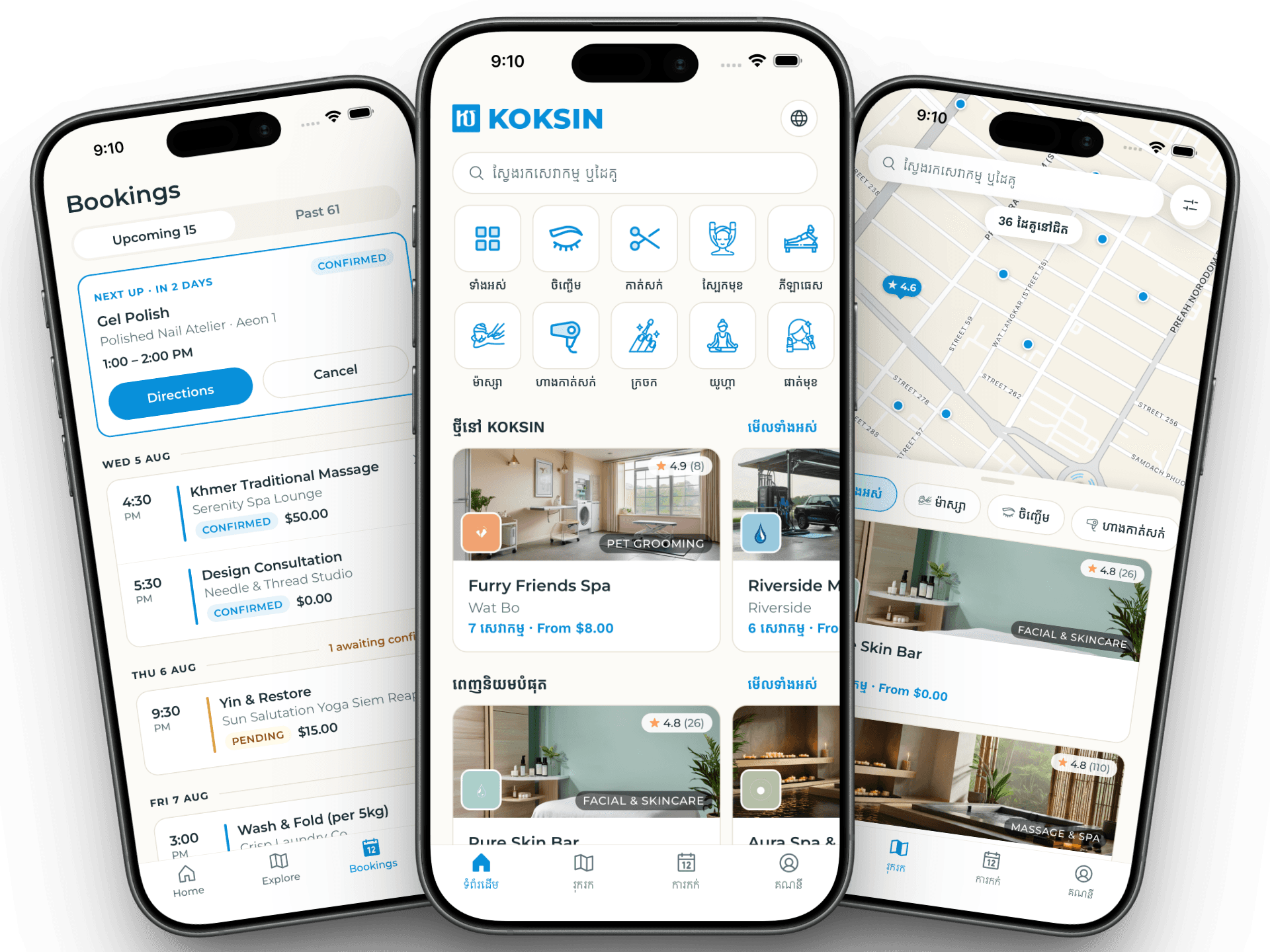 The KOKSIN app on three iPhones: a list of upcoming bookings, the Khmer home screen with service categories, and partners on a map.
