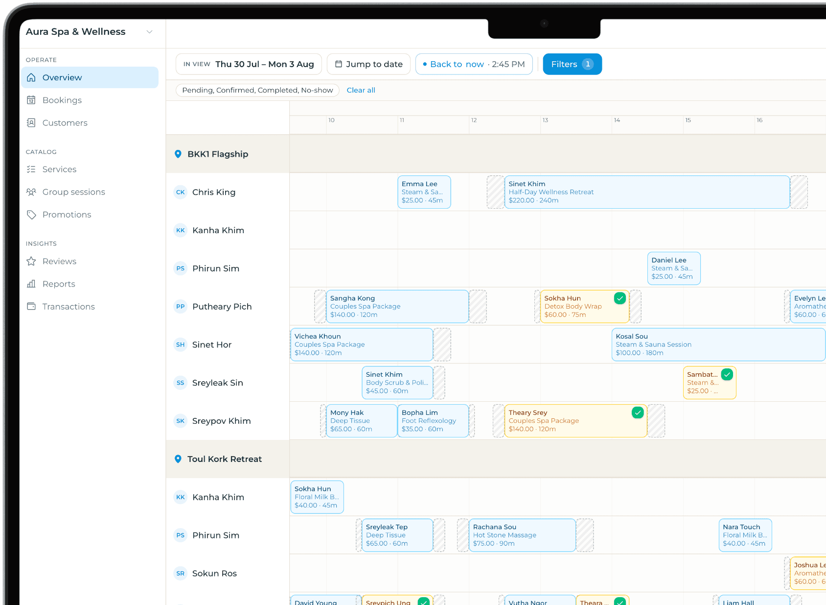 The KOKSIN partner dashboard, alternating between a week of bookings across every staff member and location, and a single day laid out in staff columns.